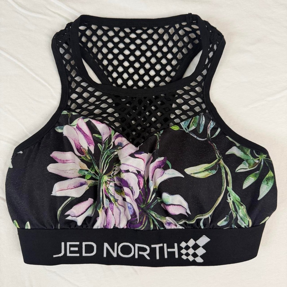 Jed North black sports bra with purple and white floral print #activewear #fitne